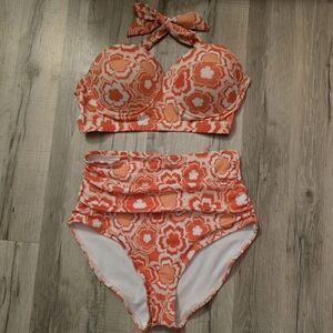 Women's 2-Piece Swimsuit Orange Bikini Top M Bottom S Vintage Style